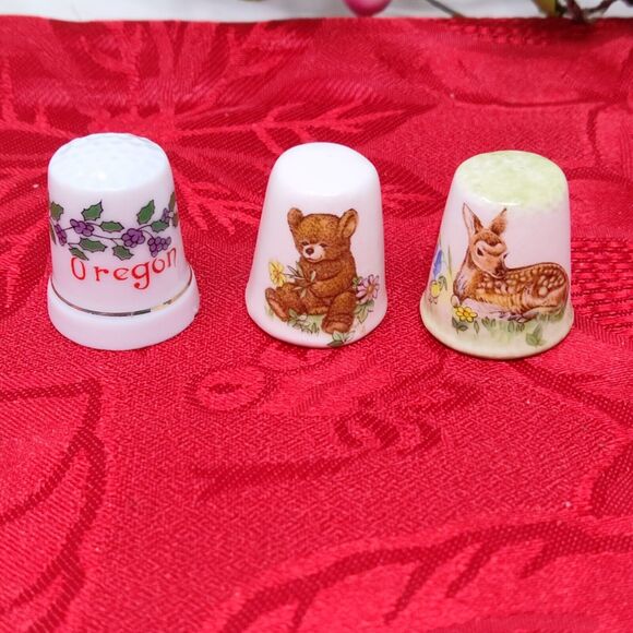 3 Baby Bunny Rabbit Deer Oregon Thimble Fine Bone China Made England Mayflower - Picture 1 of 6